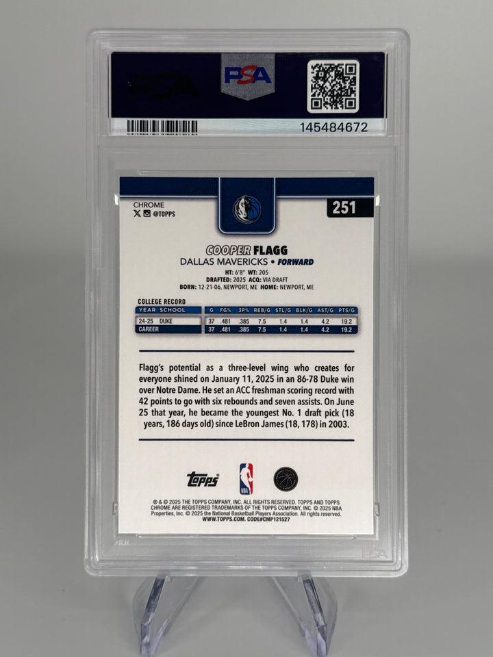 Cooper Flagg 2025 Topps Chrome Basketball Green Basketball Refractor Rookie, 94/99, PSA 9 Mint