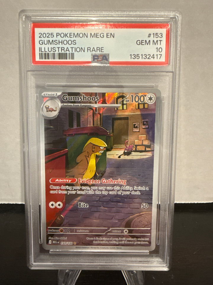 Pokemon TCG 2025 Gumshoos Mega Evolutions Full Art Illustration Rare, 153/132, PSA 10 Gem Mint