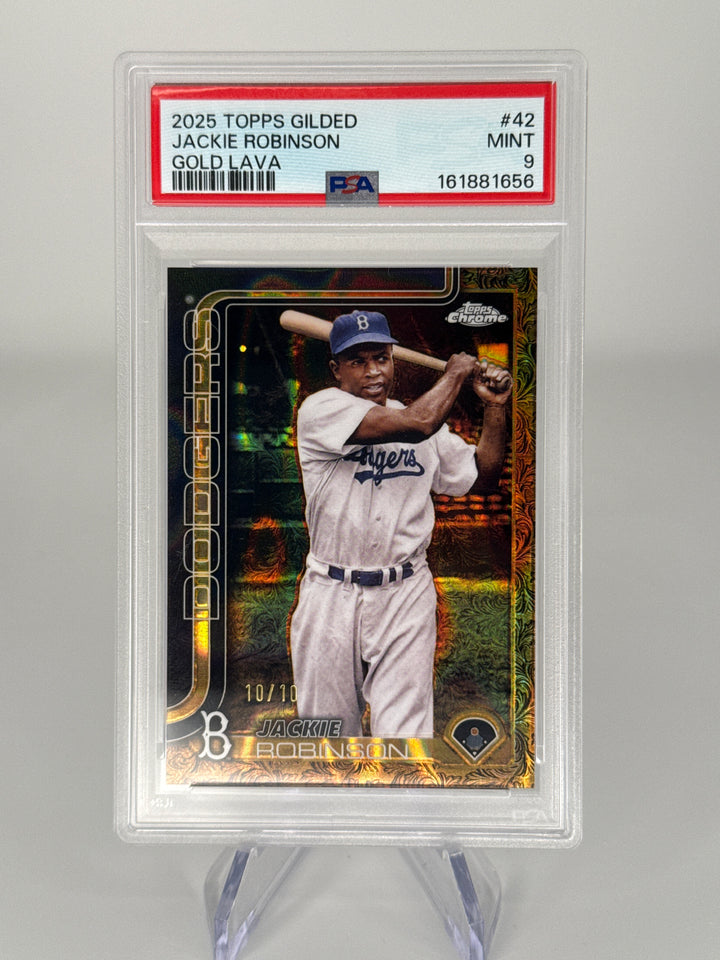 Jackie Robinson 2025 Topps Chrome Gilded Collection Gold Lava Refractor, 10/10, PSA 9 Mint