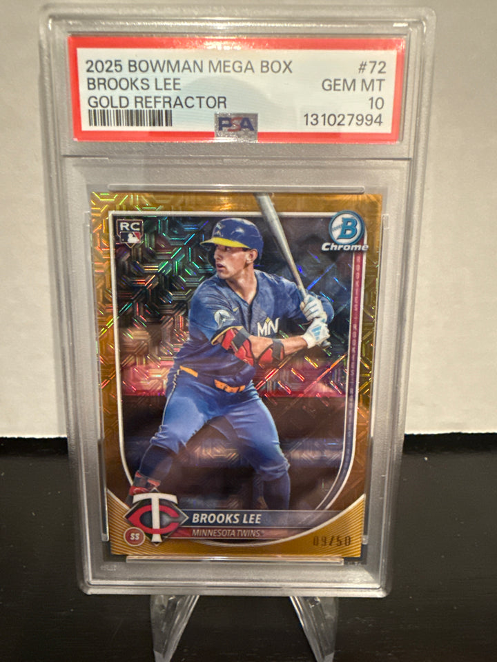 Brooks Lee 2025 Bowman Chrome Mega Box Gold Refractor Rookie, 09/50, PSA 10 Gem Mint