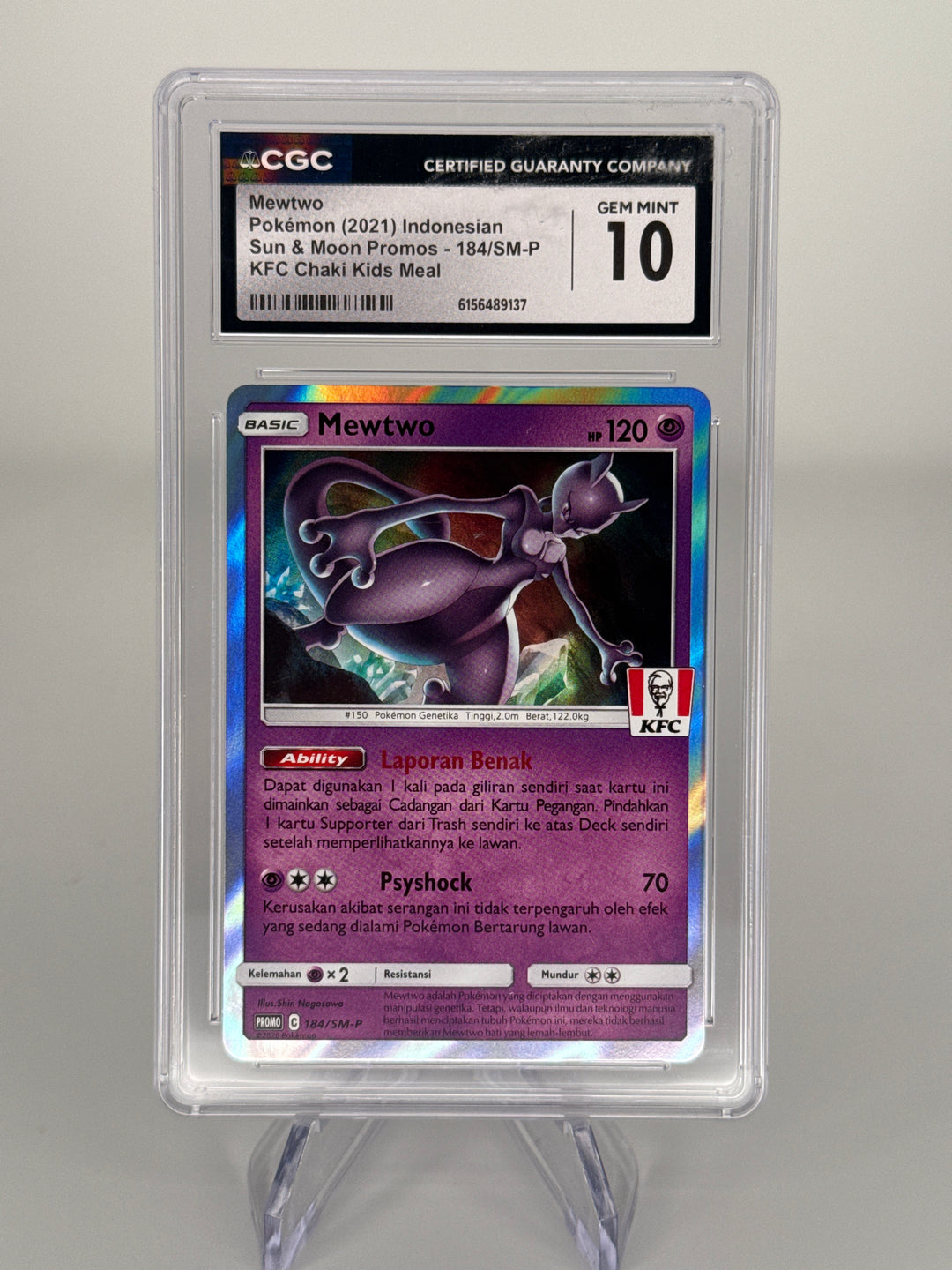 Pokemon TCG 2021 Indonesian Mewtwo Sun & Moon KFC Kids Meal, 184/SM-P, CGC 10 Gem Mint