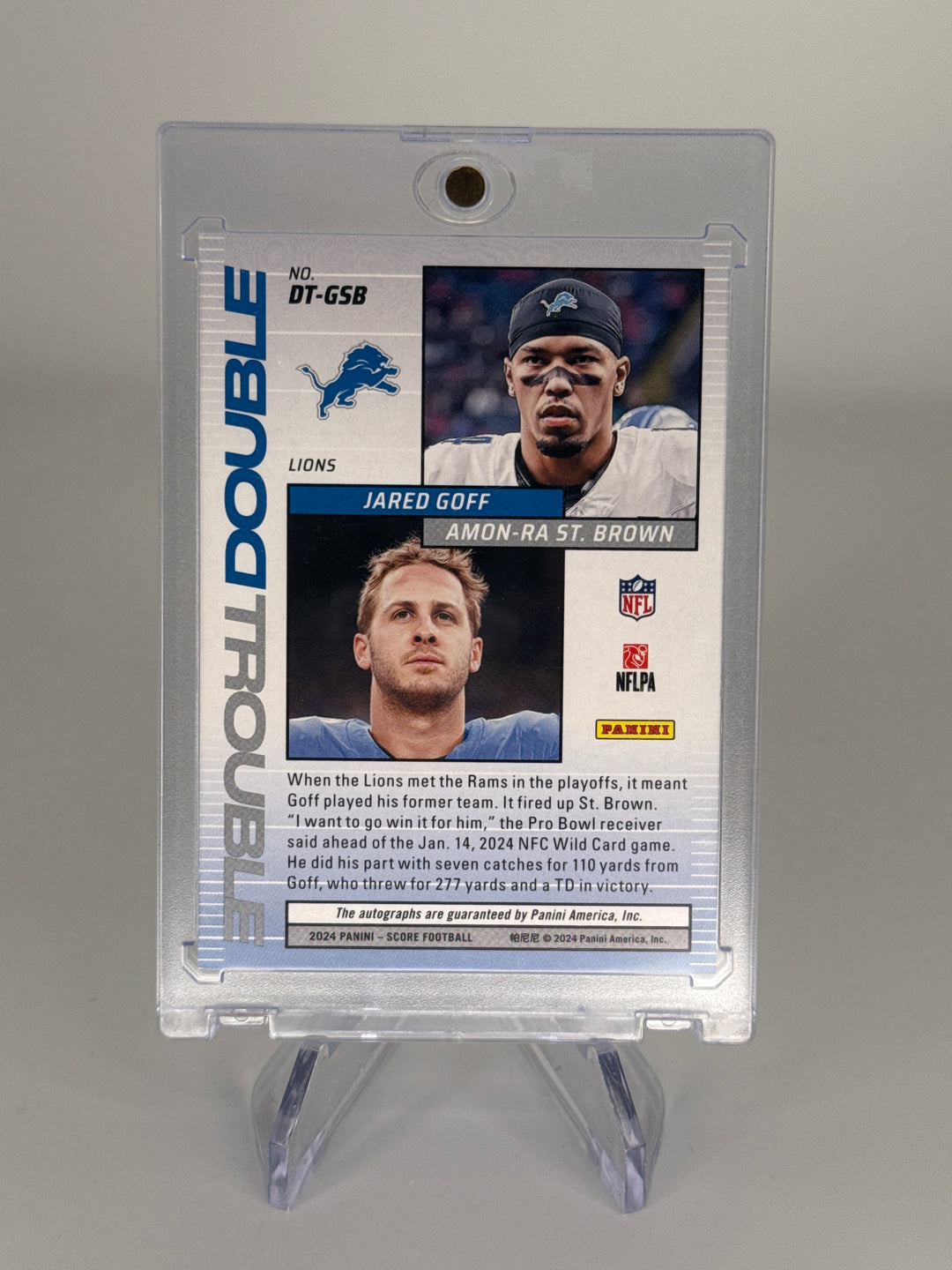Jared Goff/Amon-Ra St. Brown 2024 Panini Score Double Trouble Dual Auto, 38/50