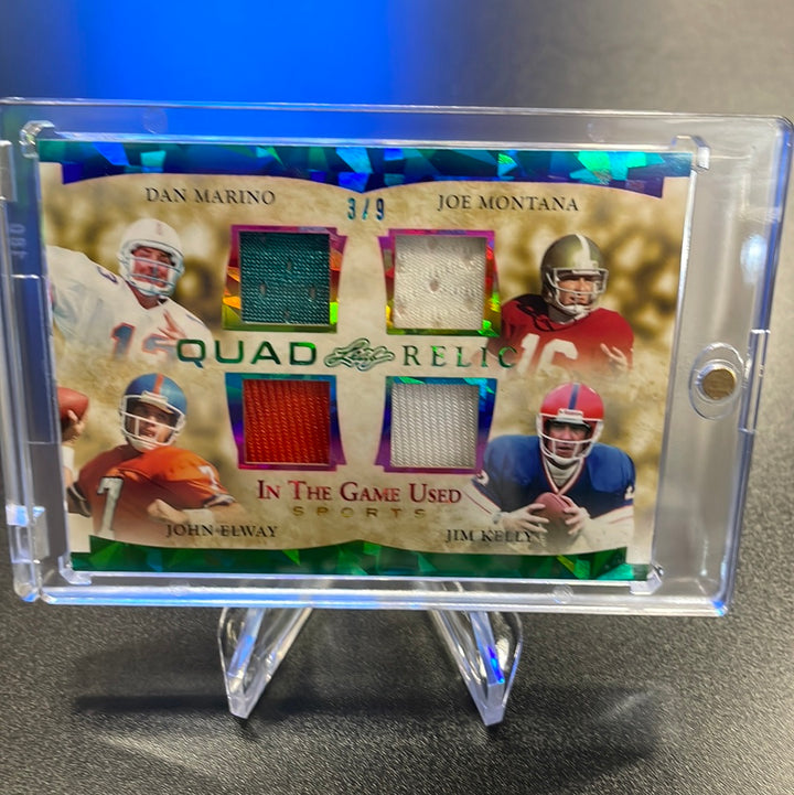 2023 Leaf in the Game Used Sports, Marino/Montana/Elway/Kelly Quad Relic, 3/9