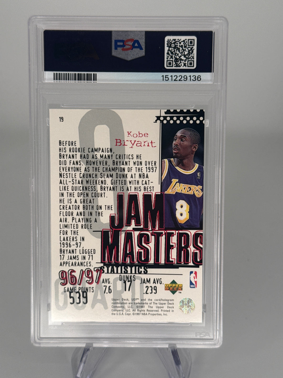 Kobe Bryant 1997 Upper Deck Jam Masters, PSA 9 Mint