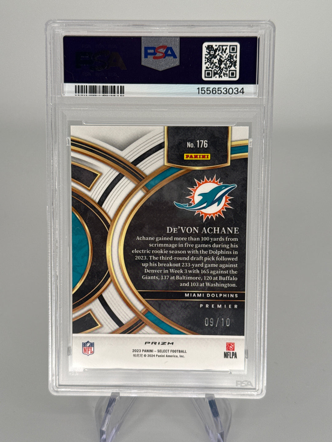 De'von Achane 2023 Panini Select Gold Disco Prizm Rookie, 09/10, PSA 9 Mint