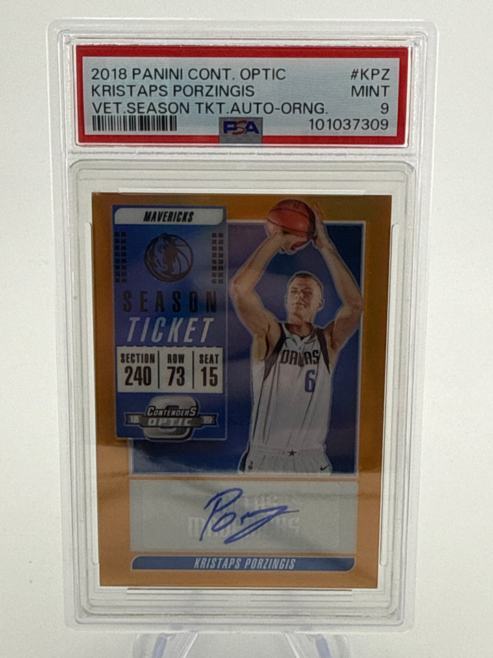 Kristaps Porzingis 2018 Panini Contenders Optic Veteran Season Ticket Auto Orange, 21/25, PSA 9 Mint
