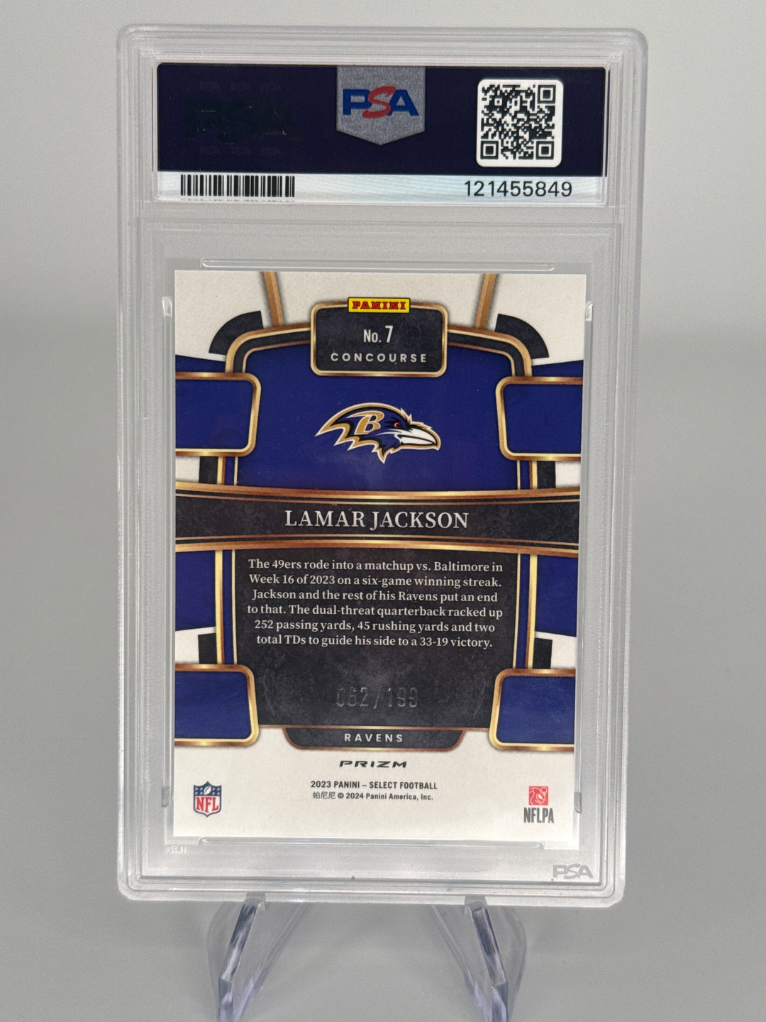 Lamar Jackson 2023 Panini Select Blue Prizm, 062/199, PSA 10 Gem Mint