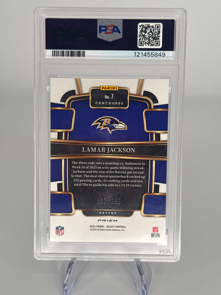 Lamar Jackson 2023 Panini Select Blue Prizm, 062/199, PSA 10 Gem Mint