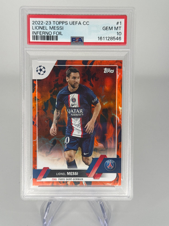 Lionel Messi 2022-2023 Topps UEFA Club Competitions Inerno Foil, PSA 10 Gem Mint