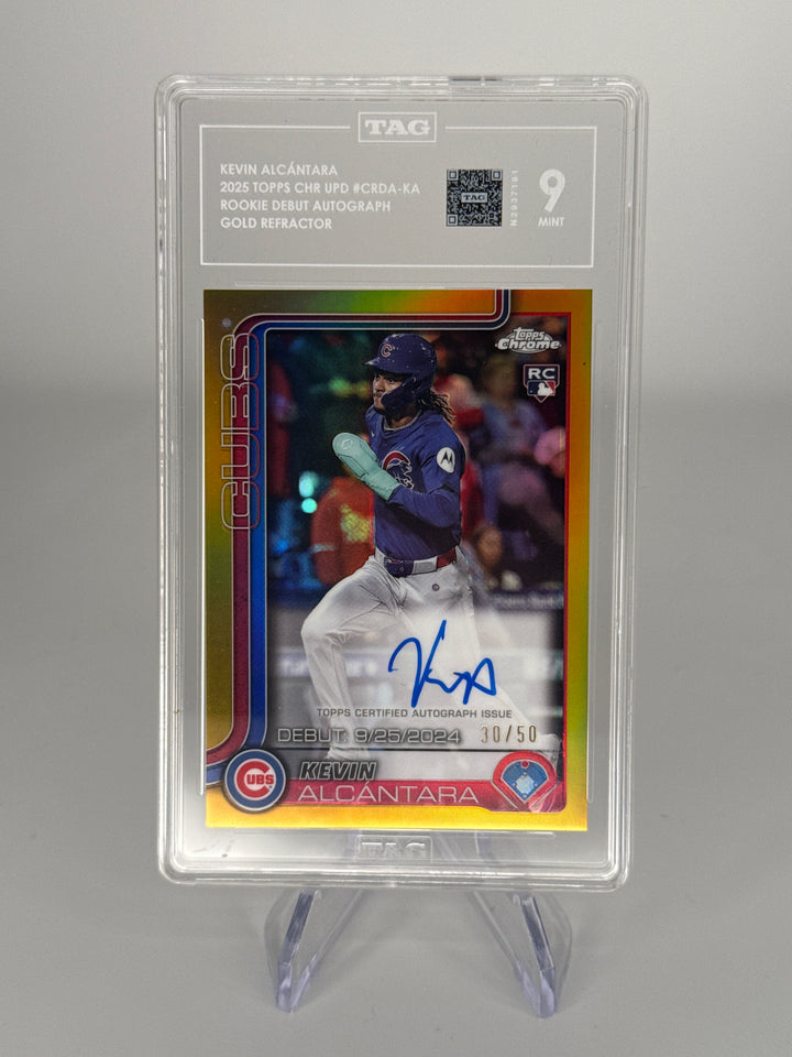 Kevin Alcantara 2025 Topps Chrome Update Gold Refractor Rookie Auto, 30/50, TAG 9 Mint