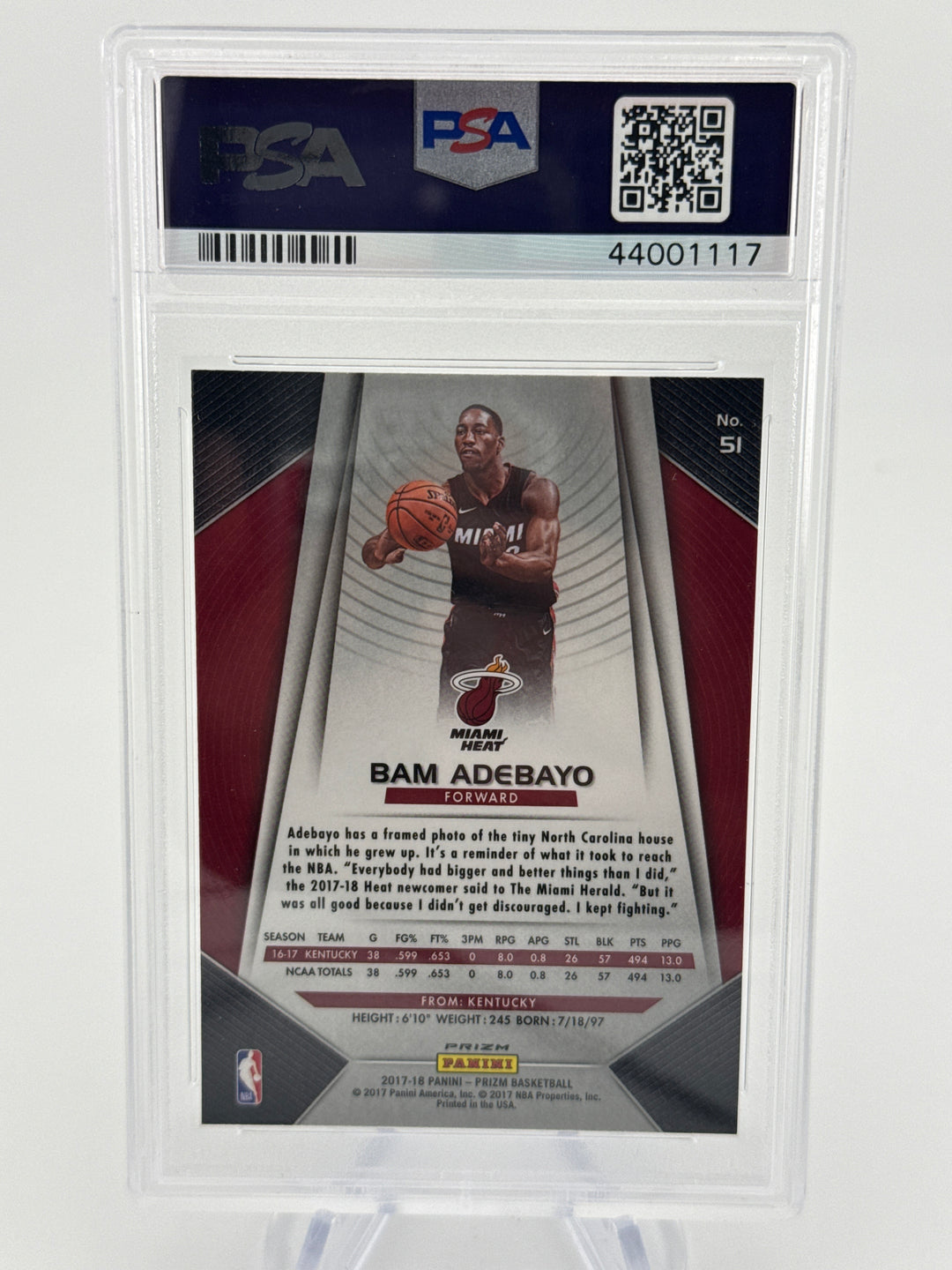 Bam Adebayo 2017 Panini Prizm Silver Prizm Rookie, PSA 10 Gem Mint