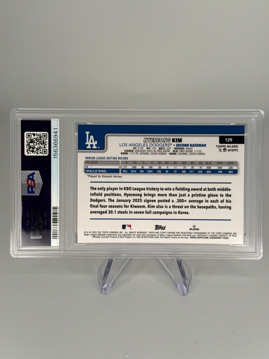 Hyeseong Kim 2025 Topps Gilded Collection Gold Mini Diamond Rookie, 09/50, PSA 10 Gem Mint