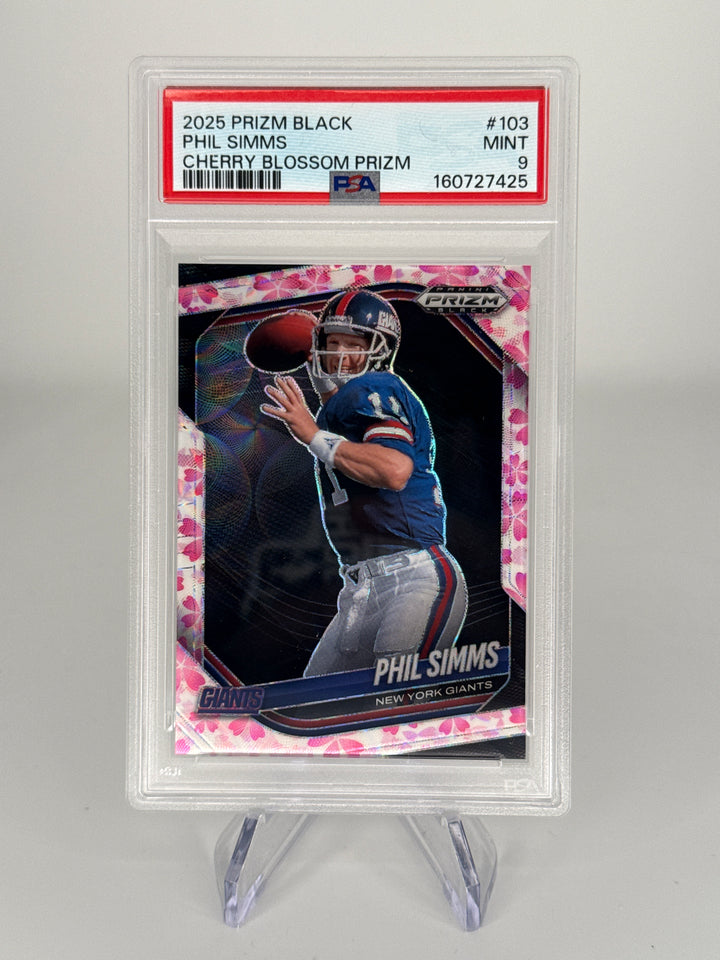 Phil Simms 2025 Panini Prizm Black Cherry Blossom Prizm, 10/20, PSA 9 Mint