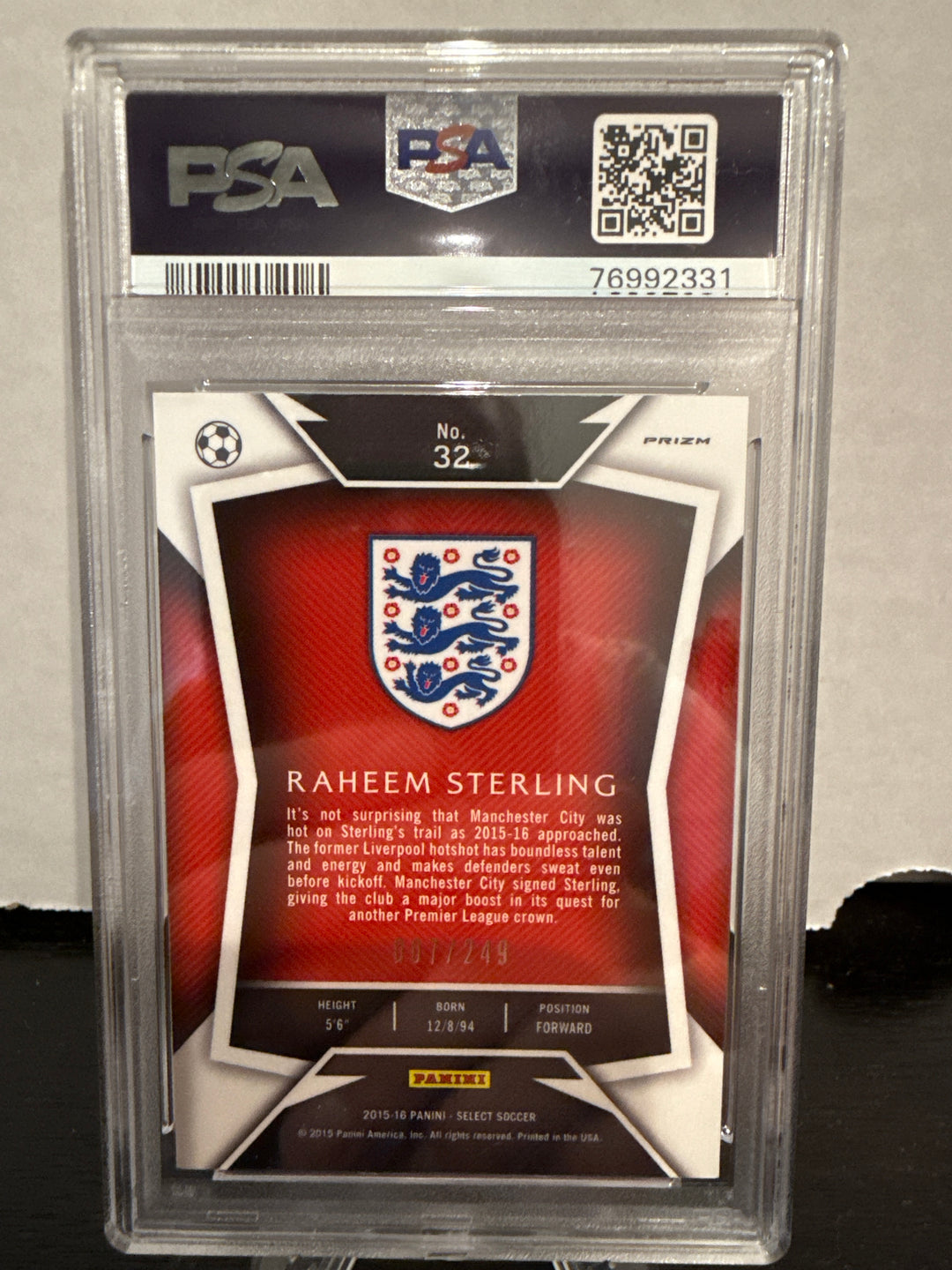 Raheem Sterling 2015 Panini Select Red Jersey Camo Prizm, 007/249, PSA 10 Gem Mint