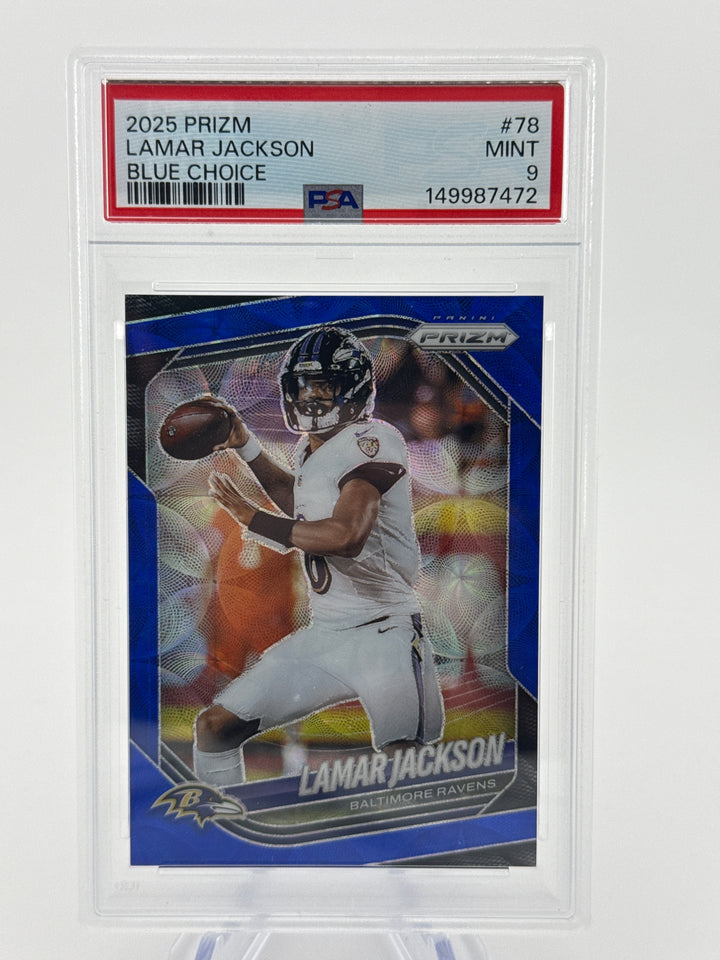 Lamar Jackson 2025 Panini Prizm Blue Choice Prizm, 04/14, PSA 9 Mint