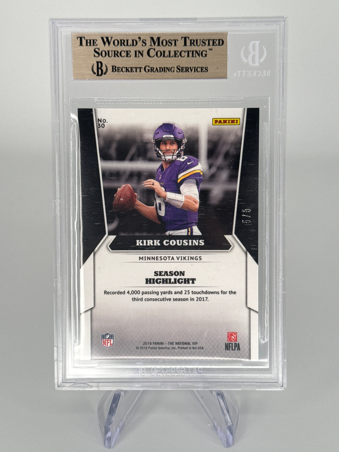 Kirk Cousins 2018 Panini The National VIP Emerald Prizm, 5/5, BGS 9.5 Gem Mint