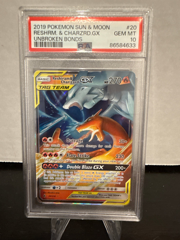 Pokemon TCG 2019 Reshiram & Charizard GX Tag Team Unbroken Bonds Full Art Holo, 20/214, PSA 10 Gem Mint