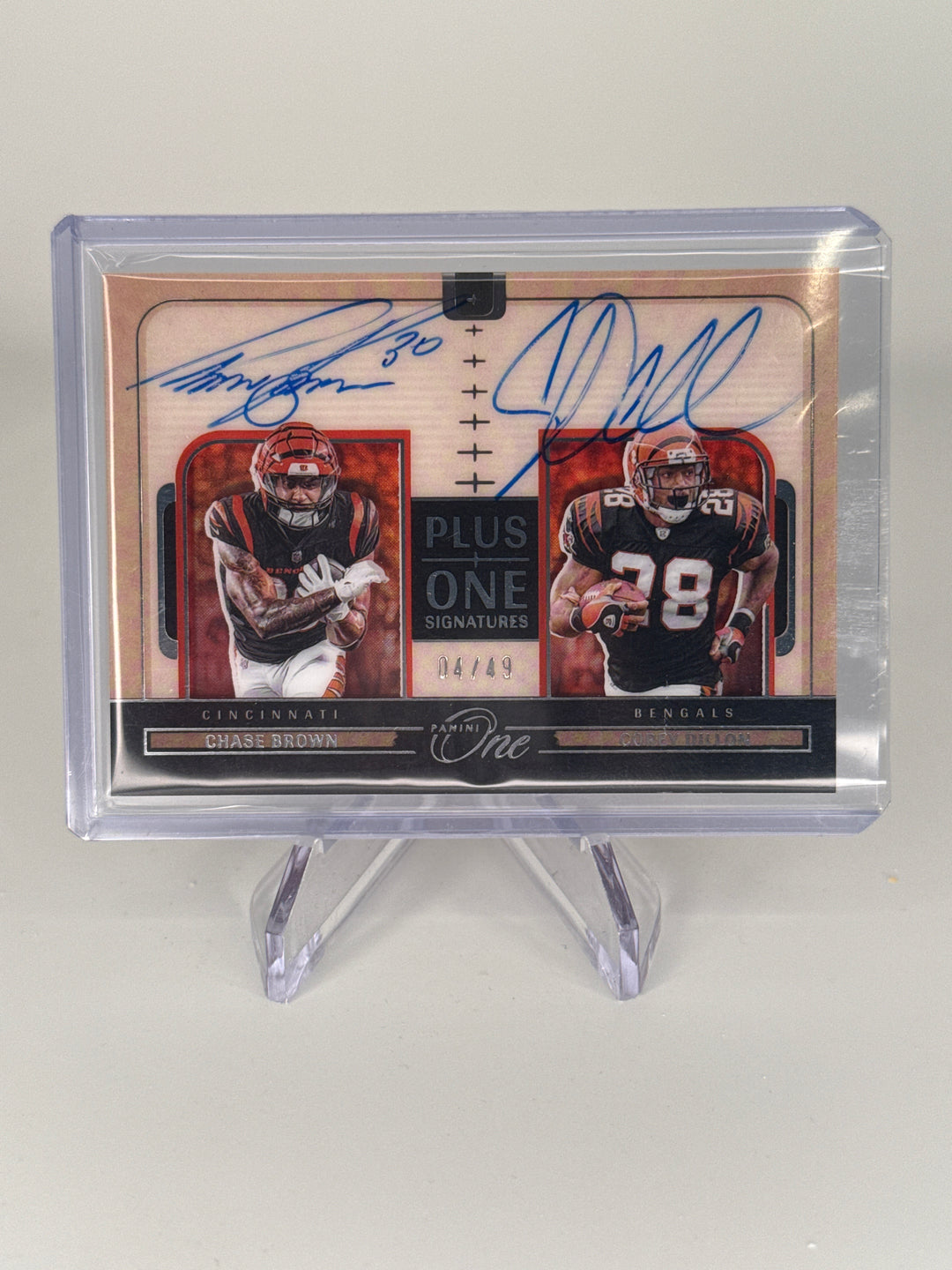 Chase Brown/Corey Dillon 2024 Panini One Plus One Dual Auto, 04/49