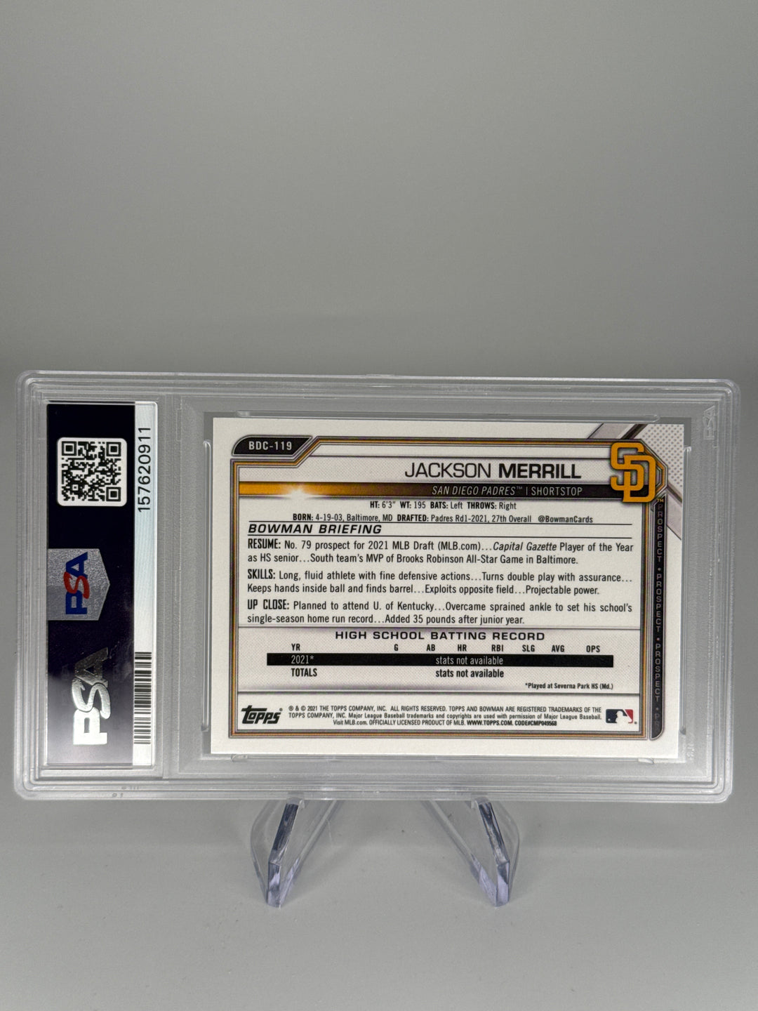Jackson Merrill 2021 Bowman Chrome Draft 1st Sparkle Refractor, PSA 10 Gem Mint