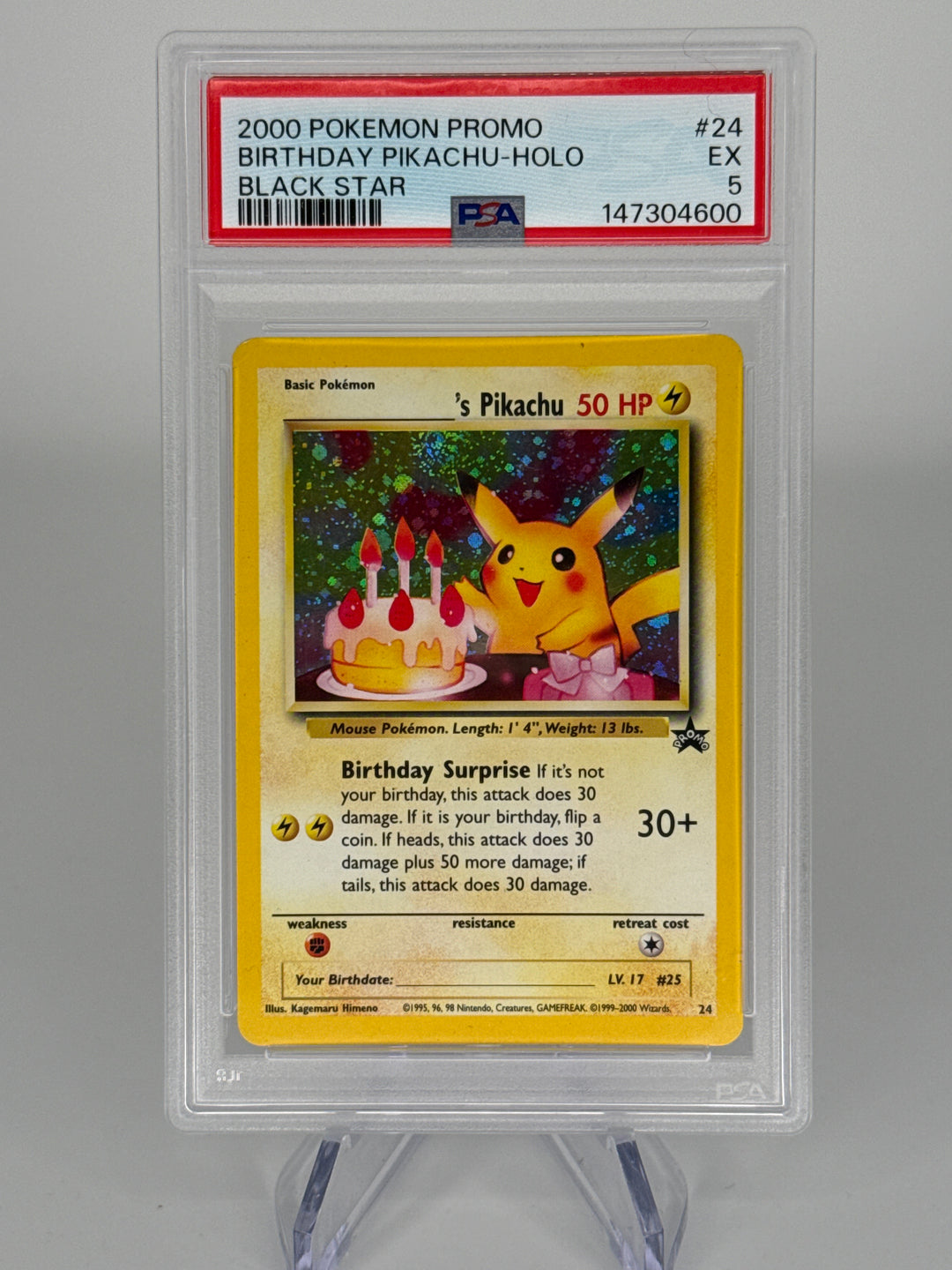 Pokemon TCG 2000 Birthday Pikachu Black Star Promo Holo, 24, PSA 5