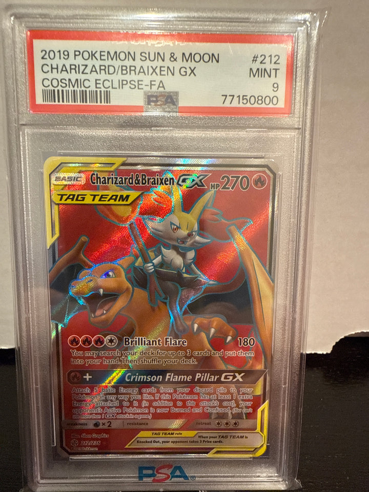 Pokemon TCG 2019 Charizard & Braixen GX Tag Team Cosmic Eclipse, 212/236, PSA 9 Mint