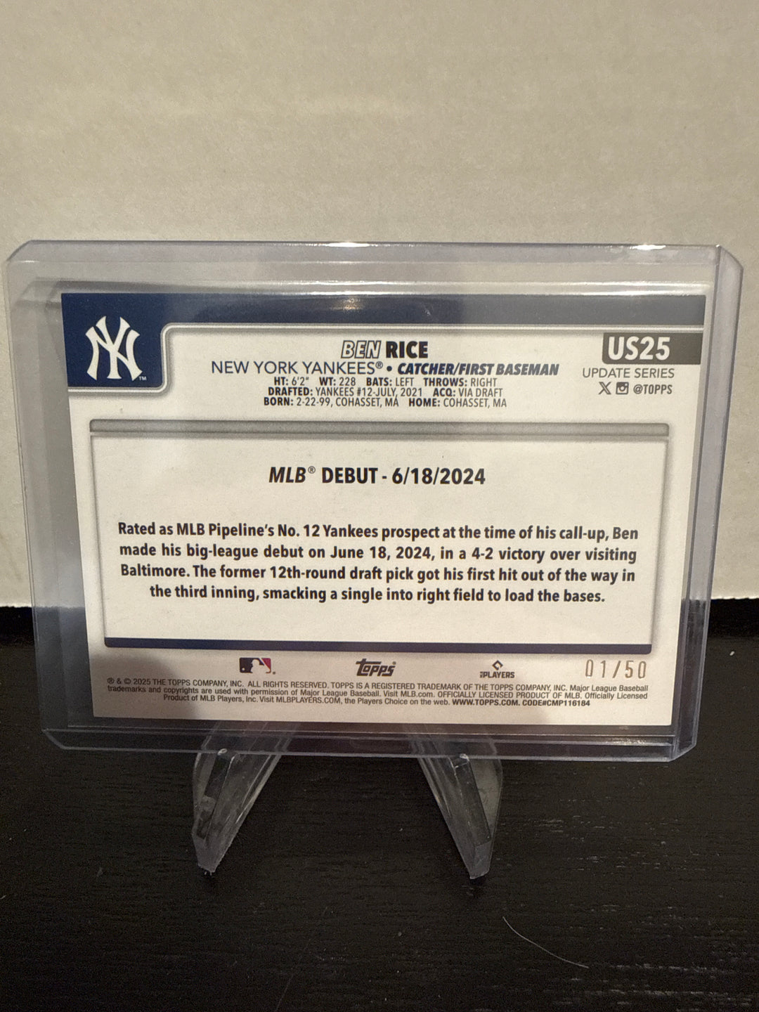 Ben Rice 2025 Topps Update Series Halloween Mummy Rookie, 01/50