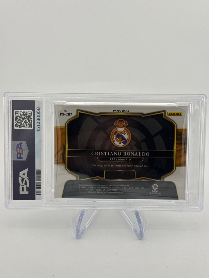 Cristiano Ronaldo 2022-2023 Panini Select La Liga Pitchside Silver Auto, PSA 8
