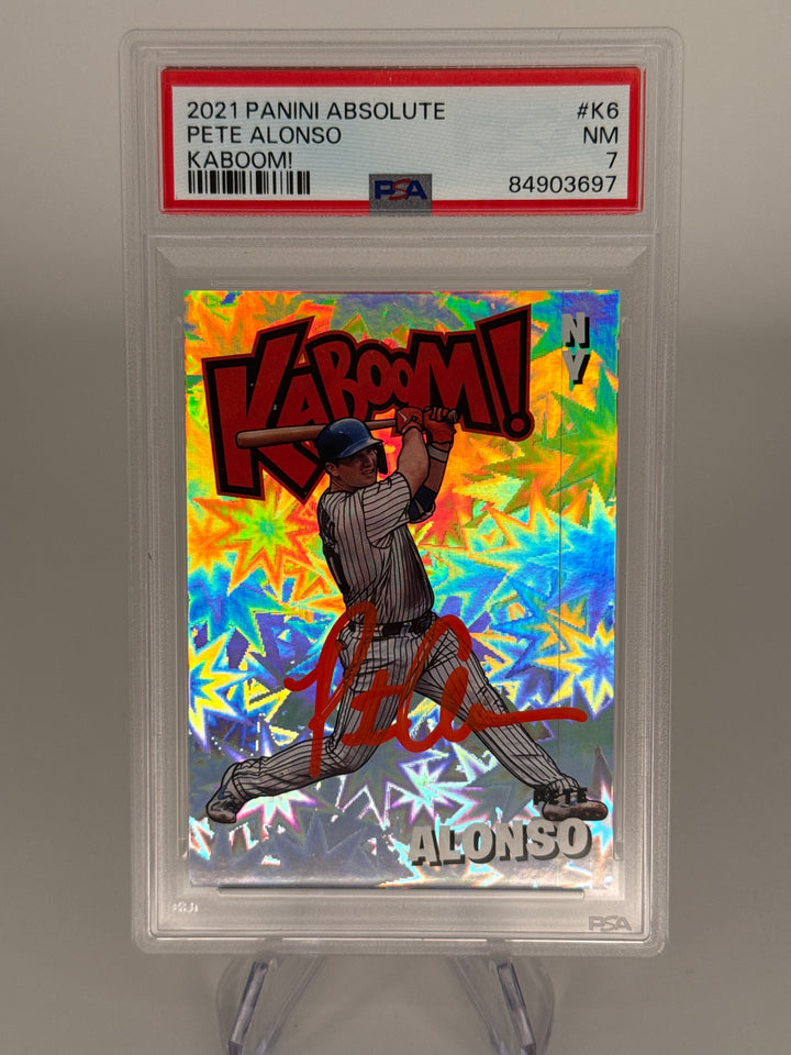 Pete Alonso 2021 Panini Absolute SSP Kaboom, PSA Authentic Auto, PSA 7