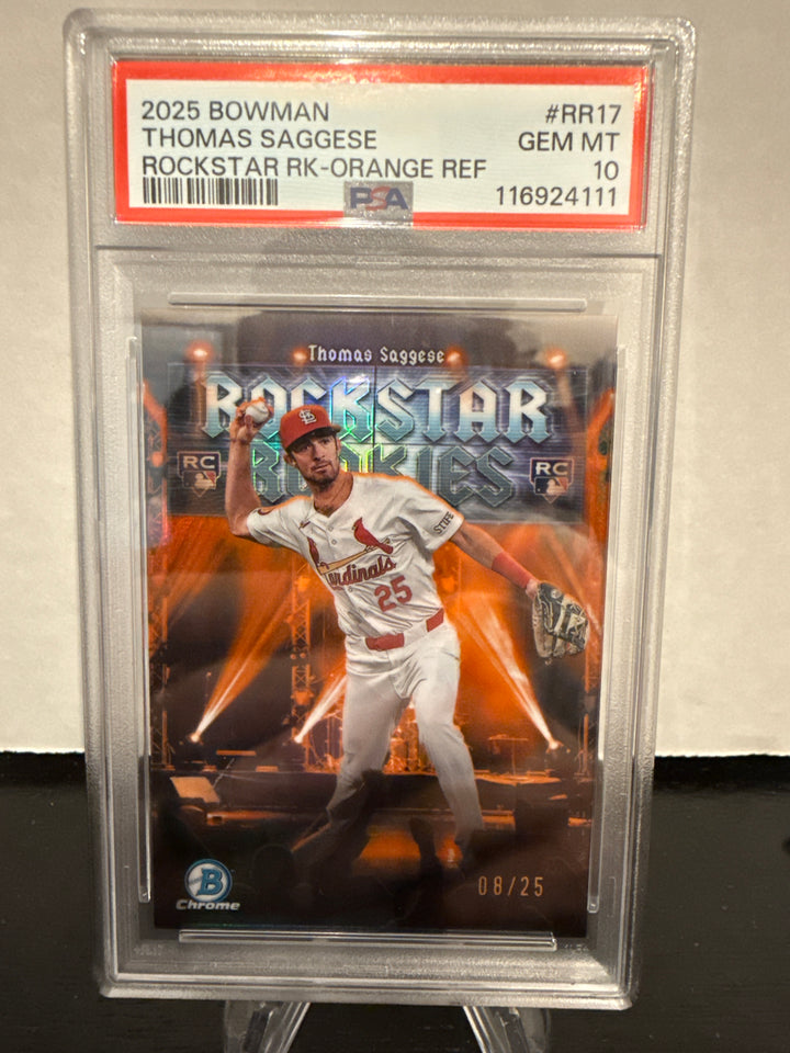 Thomas Saggese 2025 Bowman Chrome Rockstars Orange Refractor Rookie, 08/25, PSA 10 Gem Mint