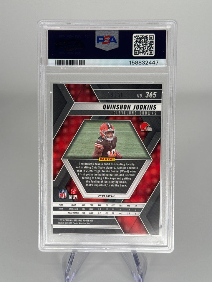 Quinshon Judkins 2025 Panini Mosaic Purple No Huddle Rookie, 19/50, PSA 10 Gem Mint