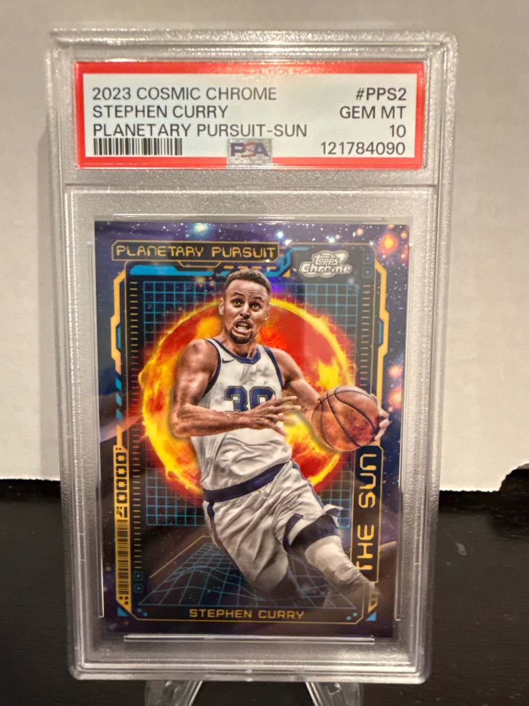 Stephen Curry 2023 Topps Chrome Cosmic Planetary Pursuit Sun SSP Case Hit, PSA 10 Gem Mint