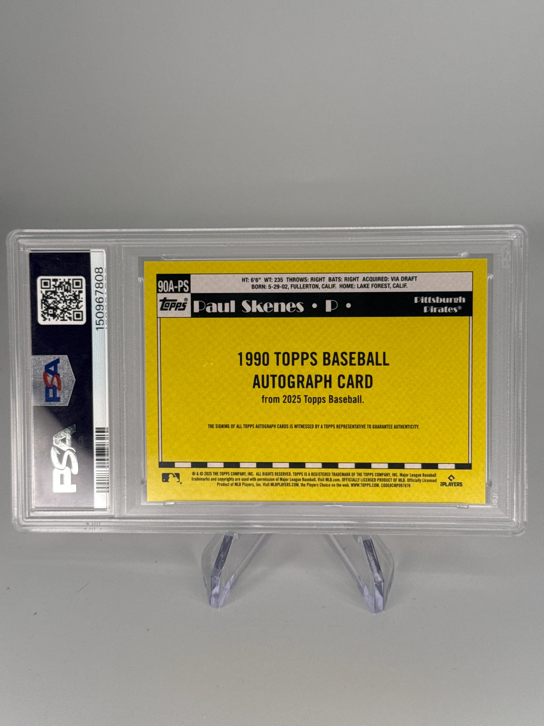 Paul Skenes 2025 Topps 1990 Auto, PSA 10 Gem Mint