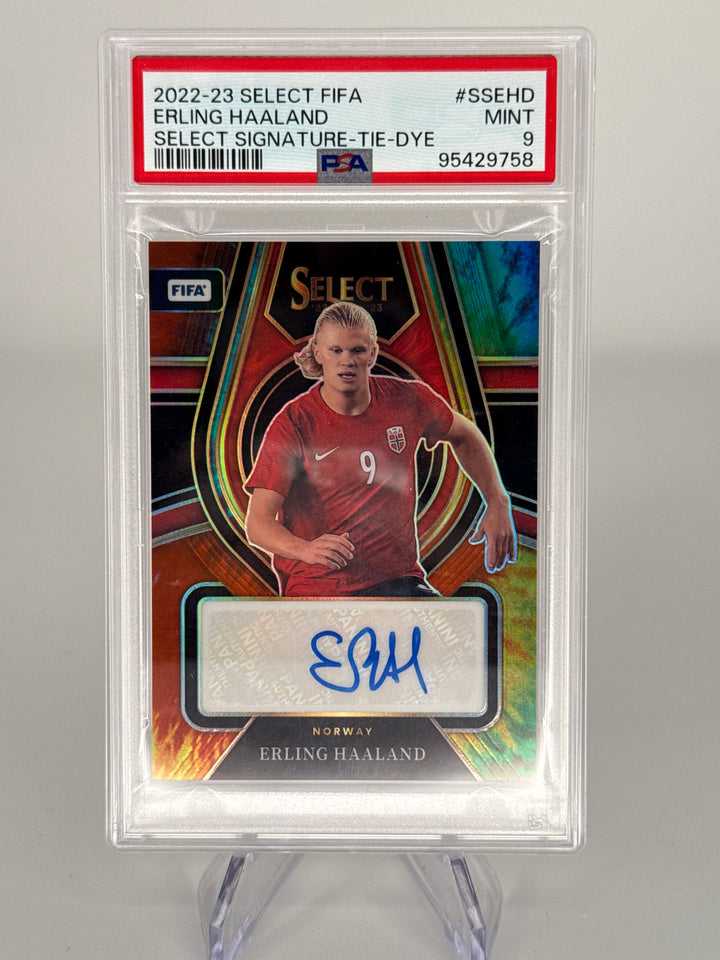Erling Haaland 2022-2023 Panini Select FIFA Tie Die Auto, 18/25, PSA 9 Mint