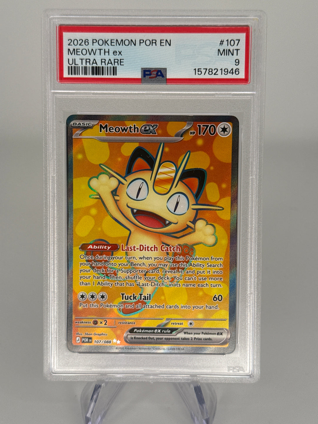 Pokemon TCG 2026 Meowth EX Perfect Order Ultra Rare, 107/088, PSA 9 Mint