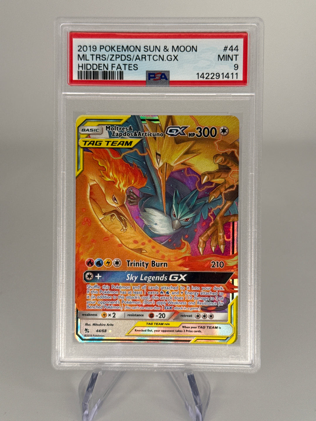 Pokemon TCG 2019 Moltres & Zapdos & Articuno GX Hidden Fates Tag Team, 44/68, PSA 9 Mint