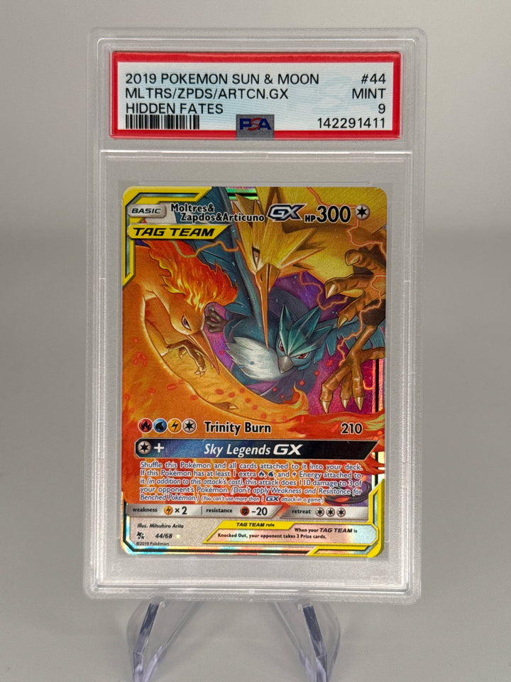 Pokemon TCG 2019 Moltres & Zapdos & Articuno GX Hidden Fates Tag Team, 44/68, PSA 9 Mint