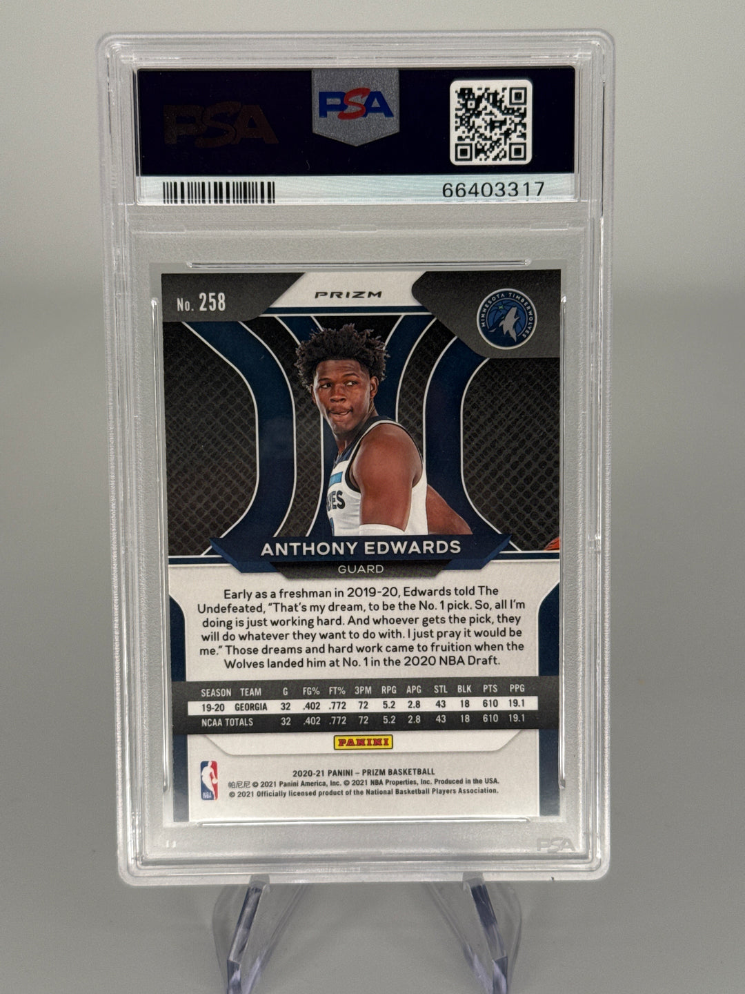 Anthony Edwards 2020 Panini Prizm Red/White/Blue Prizm Rookie, PSA 10 Gem Mint