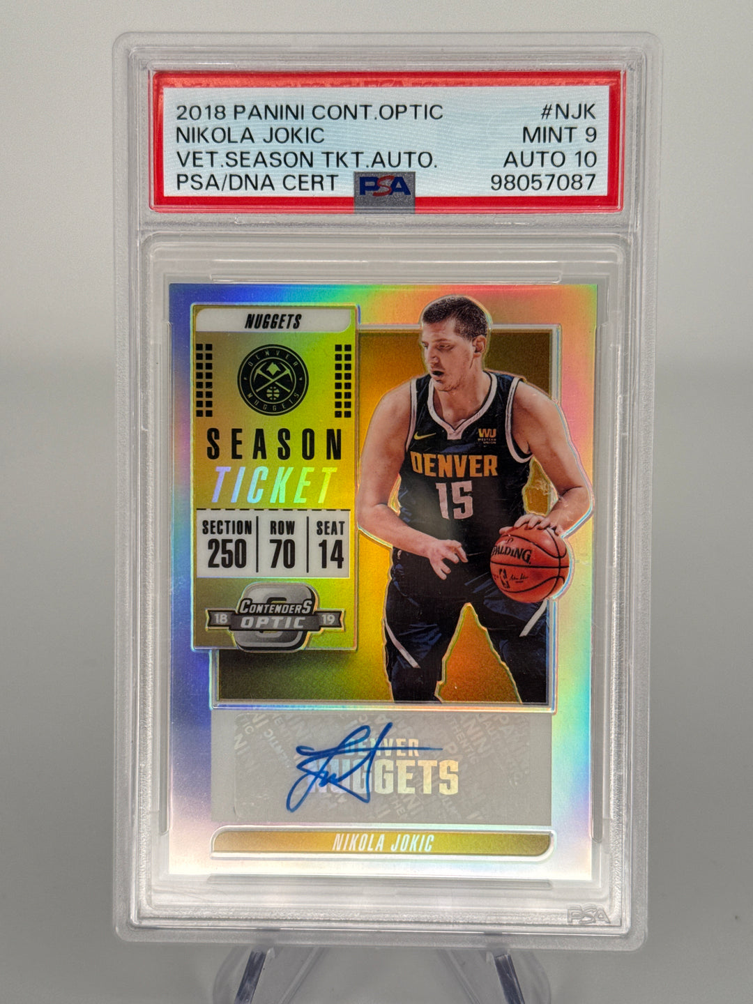 Nikola Jokic 2018 Panini Contenders Optic Veteran Season Ticket Auto, PSA 9 Mint, PSA 10 Auto