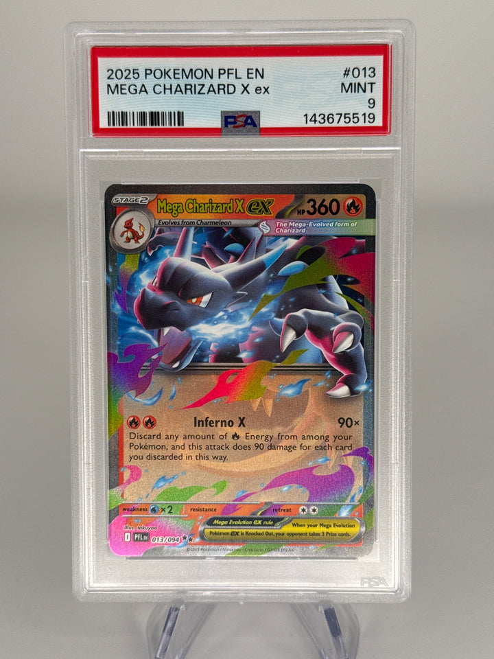 Pokemon TCG 2025 Mega Charizard X EX Phantasmal Flames Holo, 013/094, PSA 9 Mint