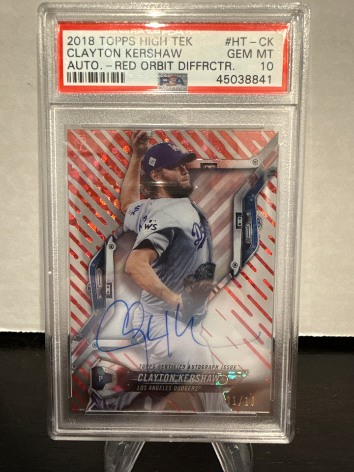 Clayton Kershaw 2018 Topps High Tek Red Orbit Diffractor Auto, 01/10, PSA 10 Gem Mint