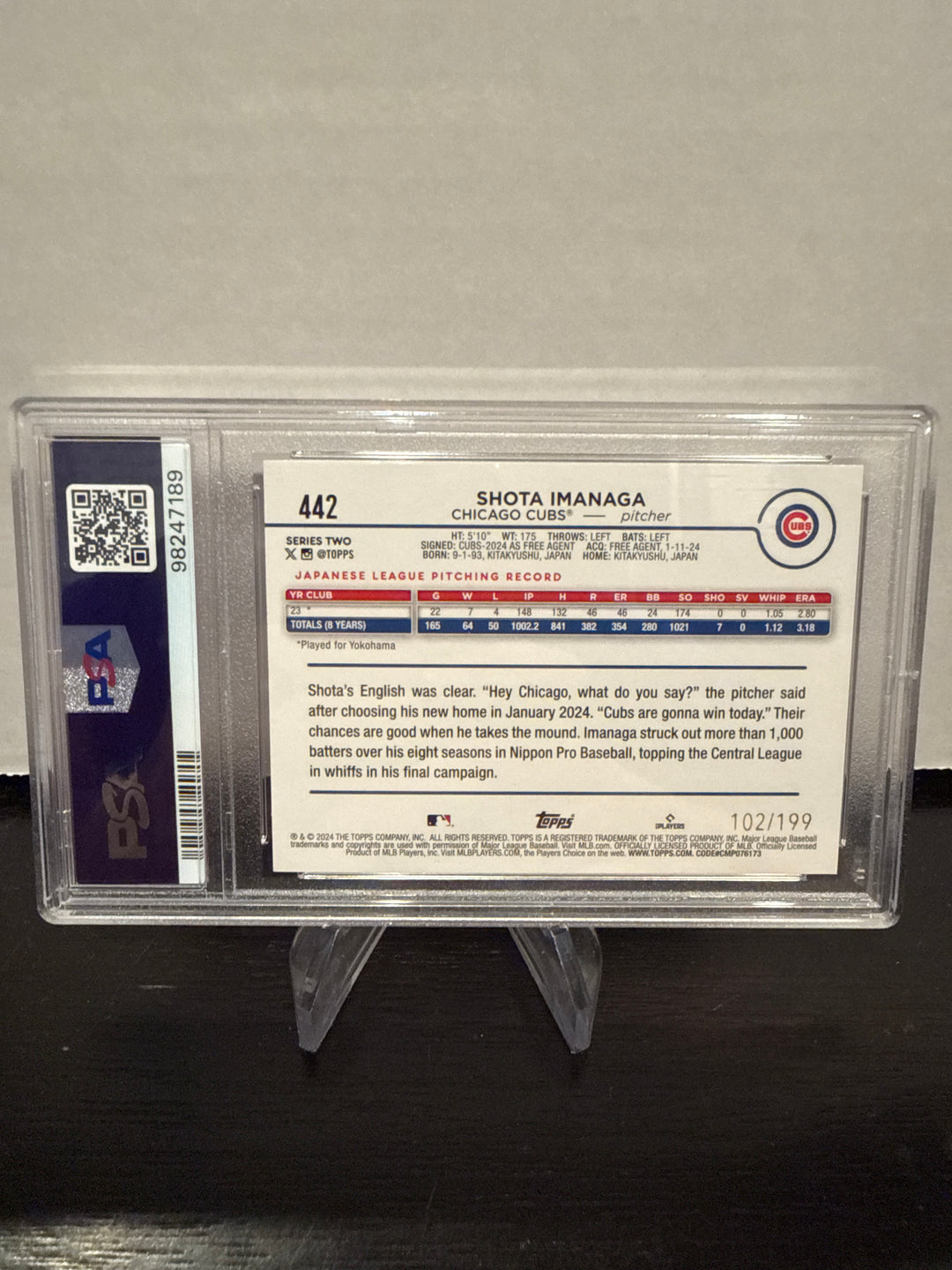 Shota Imanaga 2024 Topps Series Two Red Foil Rookie, 102/199, PSA 10 Gem Mint