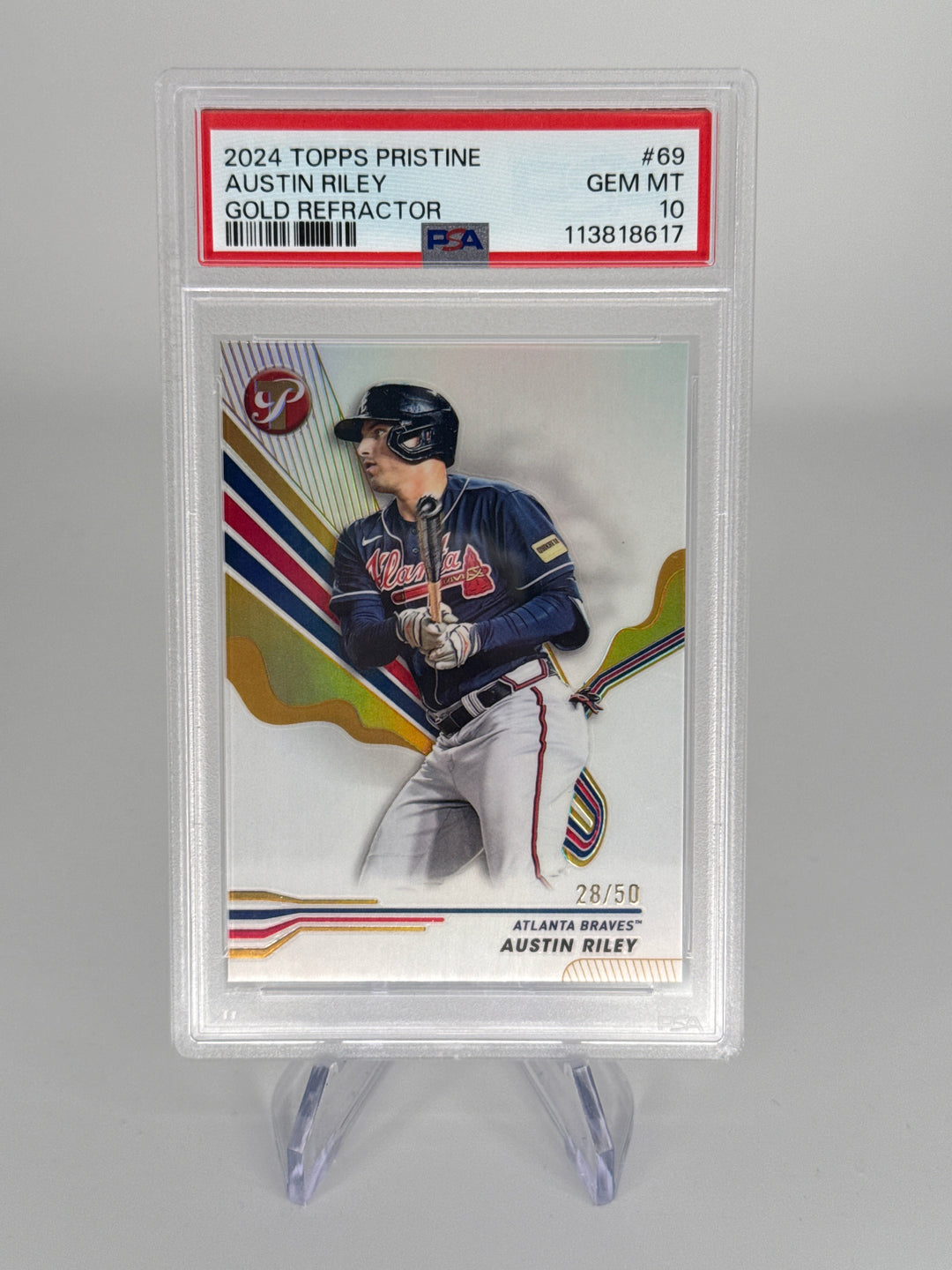 Austin Riley 2024 Topps Pristine Gold Refractor, 28/50, PSA 10 Gem Mint