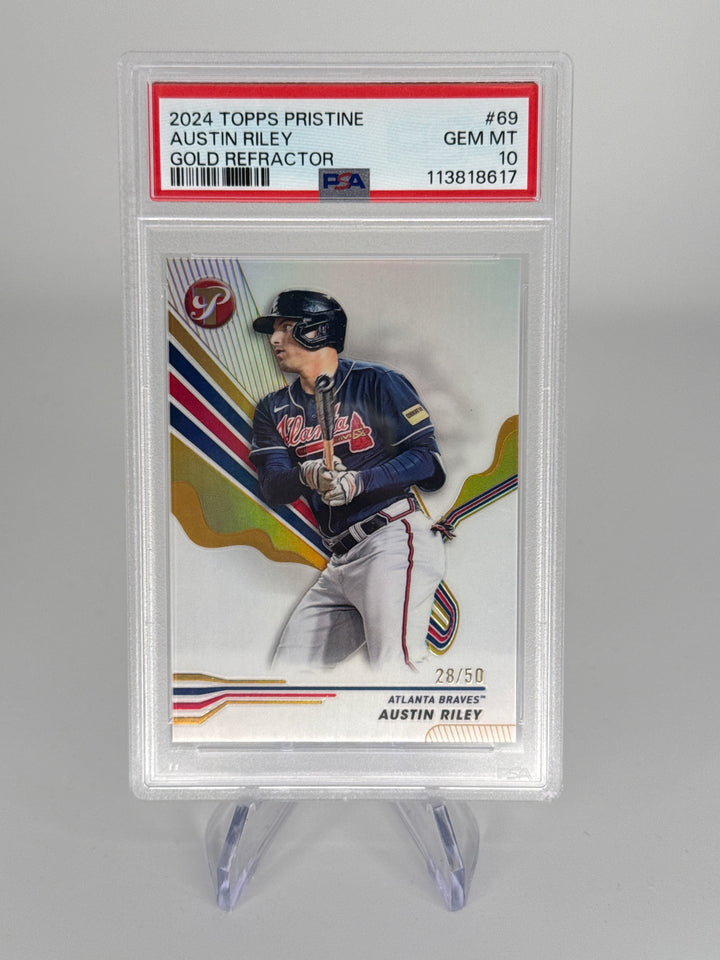 Austin Riley 2024 Topps Pristine Gold Refractor, 28/50, PSA 10 Gem Mint