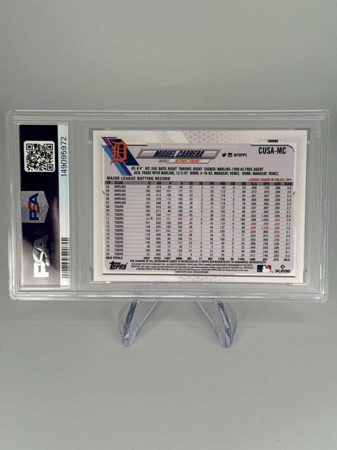 Miguel Cabrera 2021 Topps Chrome Update Auto, PSA 10 Gem Mint