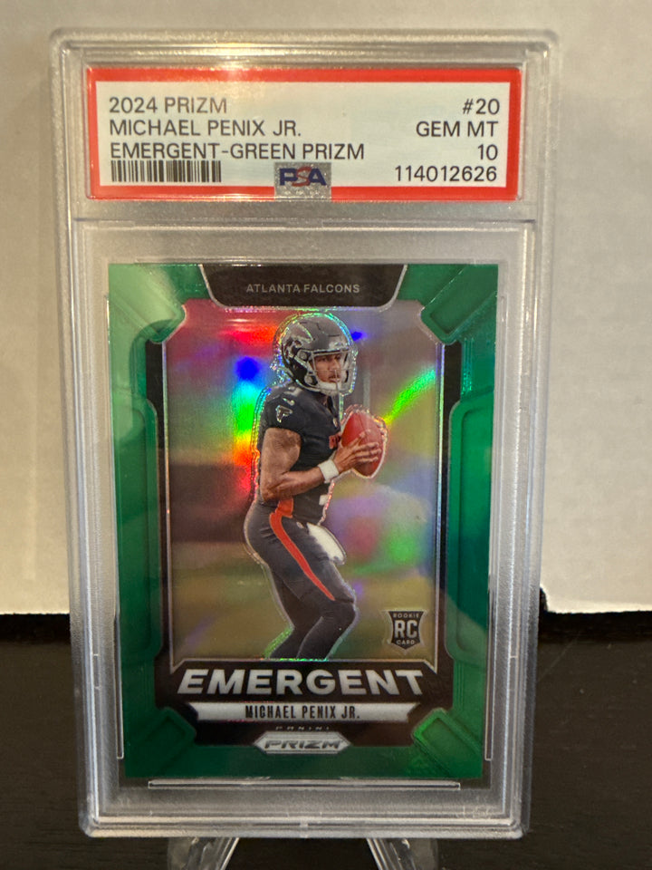 Michael Penix Jr 2024 Panini Prizm Emergent Green Prizm Rookie, PSA 10 Gem Mint