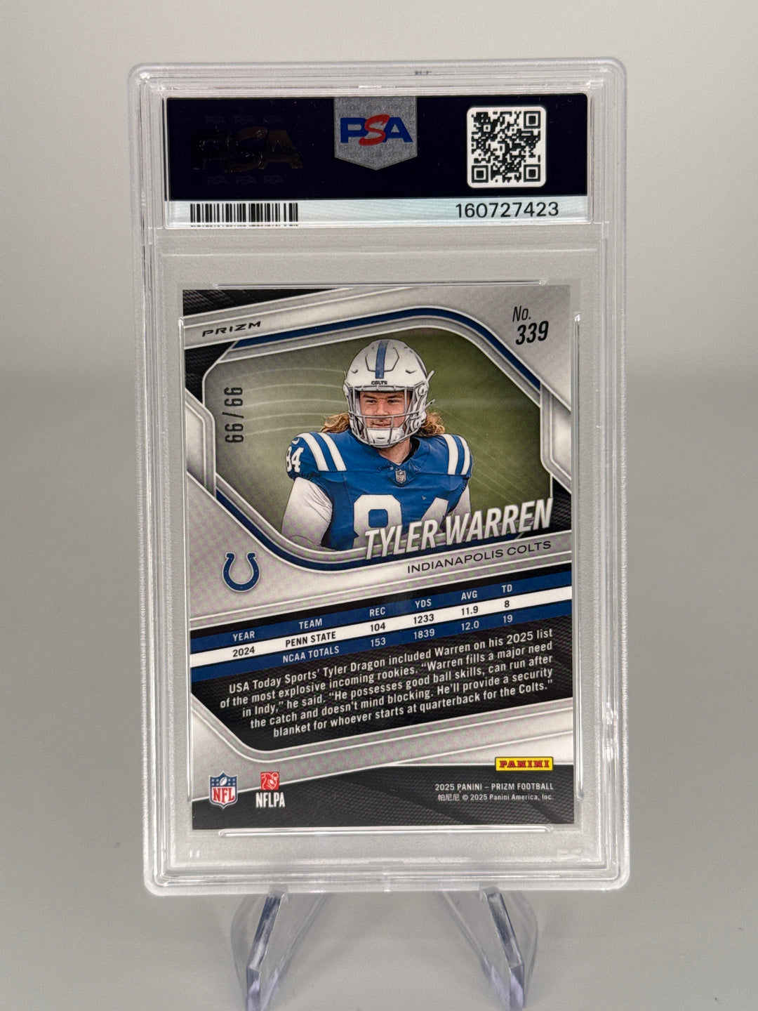 Tyler Warren 2025 Panini Prizm No Huddle Red Prizm Rookie, 99/99, PSA 10 Gem Mint