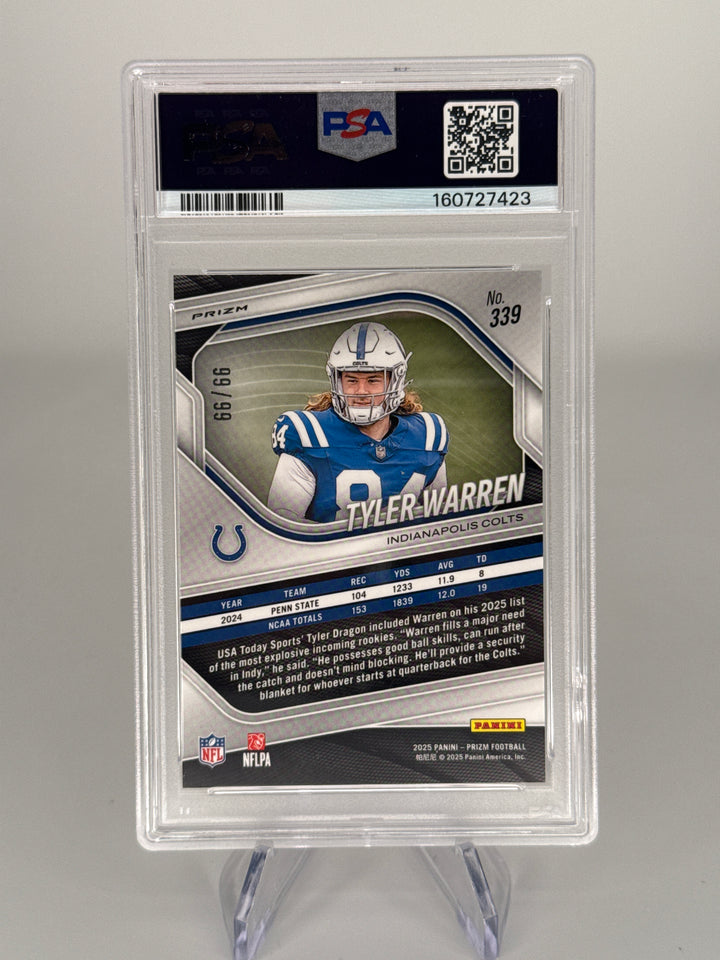 Tyler Warren 2025 Panini Prizm No Huddle Red Prizm Rookie, 99/99, PSA 10 Gem Mint