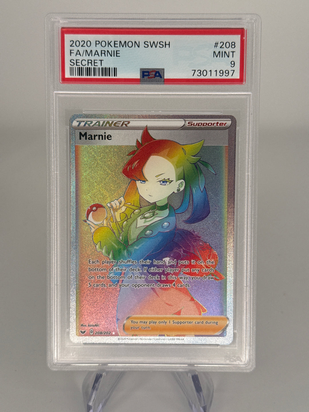 Pokemon TCG 2020 Marnie Full Art Secret Rare Rainbow, 208/202, PSA 9 Mint