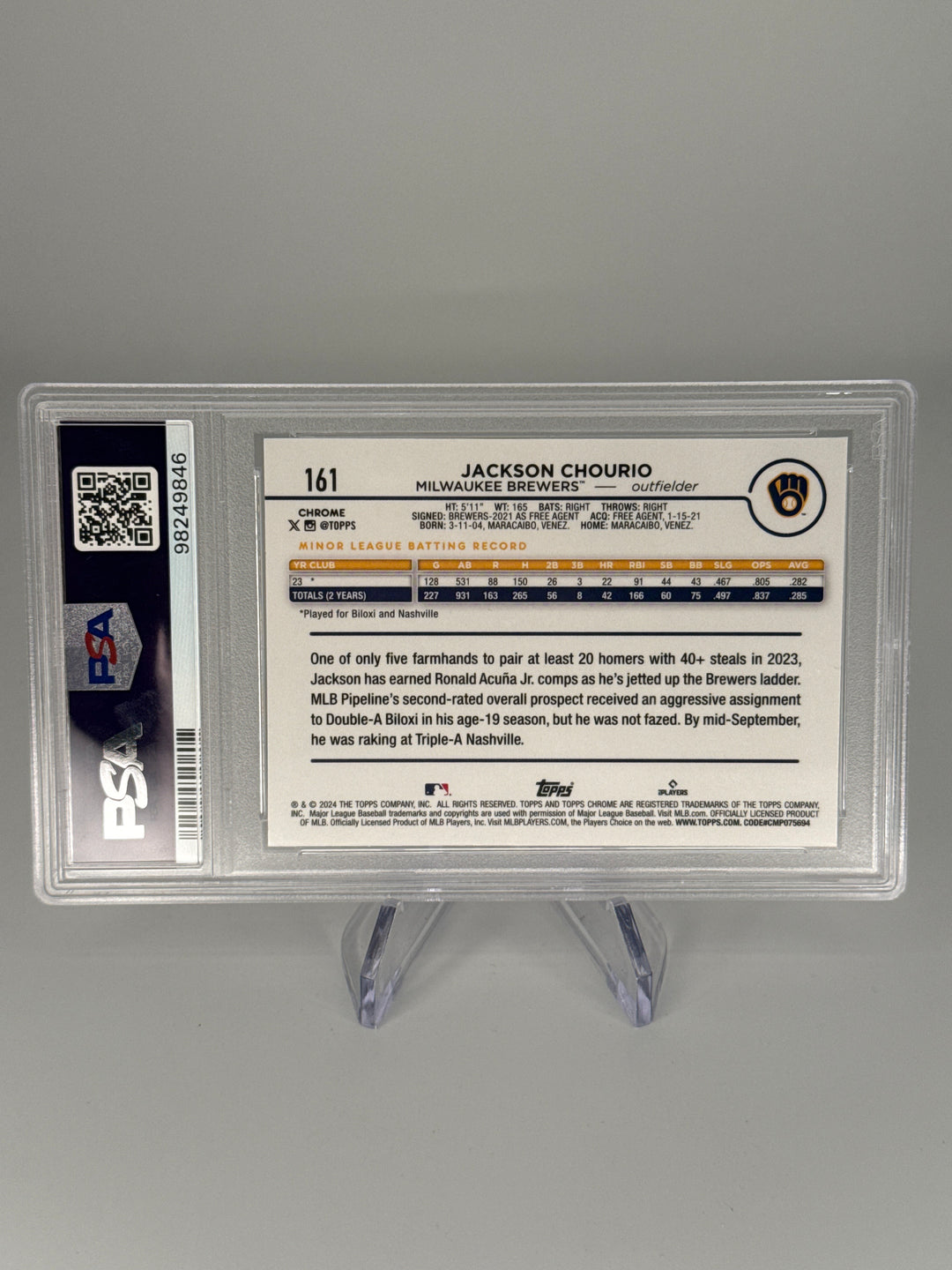 Jackson Chourio 2024 Topps Chrome Rookie, PSA 10 Gem Mint