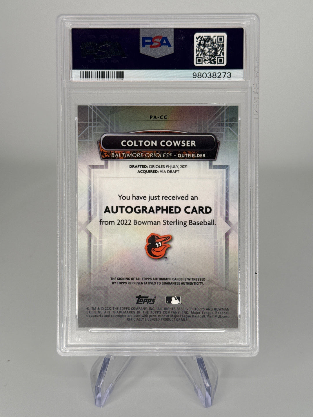 Colton Cowser 2022 Bowman Sterling Prospect Auto, PSA 9 Mint